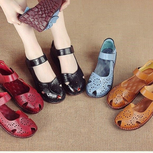 
Mac Jabags real soft leather mother shoes bag toe sandals for women in summer flat sole comfortable soft sole non-slip elderly beef tendon sole middle-aged and elderly women 9905 blue 35