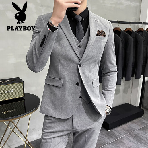 花花公子（PLAYBOY）西装男套装英伦风正装韩版修身休闲结婚新郎高级西服外套男士礼服 深灰色(外套+裤子+衬衫) S