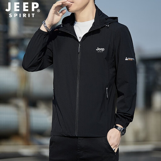 JEEP SPIRIT sun protection clothing men's summer ice silk thin breathable jacket men's removable hood high elastic sports fishing sun protection clothing black L