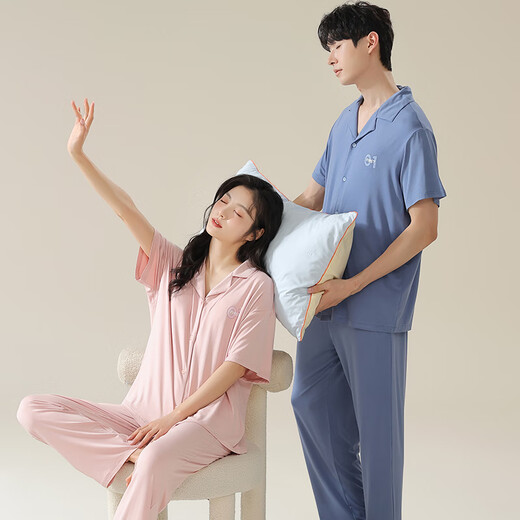 猫人情侣睡衣夏季莫代尔女士带胸垫可外穿男士睡裤短袖宽松家居服套装 01N12108 女3XL【建议130-140斤】