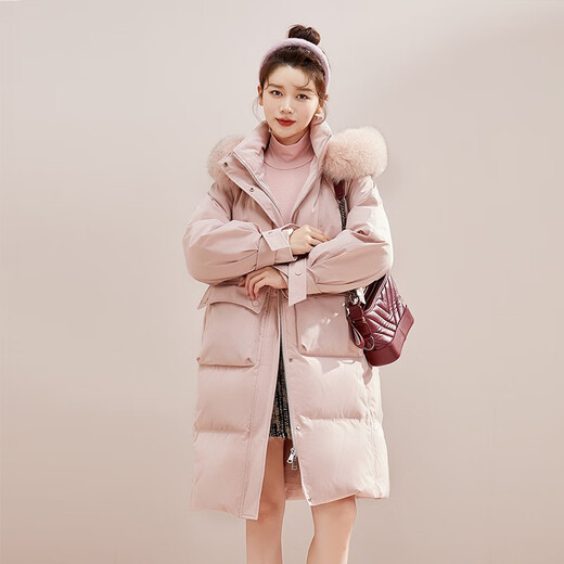Snow Fly [Cheng Yi recommended] Fashionable fox fur collar cross ribbon warm big fur collar windproof women's down jacket Light velvet powder 1591 XS 155/80A