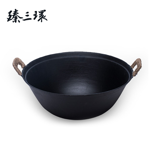 Zhensanhuan cast iron pot, wok, stew pot, soup pot, uncoated, non-stick wok, old-fashioned pot, thick bottom, thin edge pot set, 36cm wok + shovel + wooden lid, 3-piece set