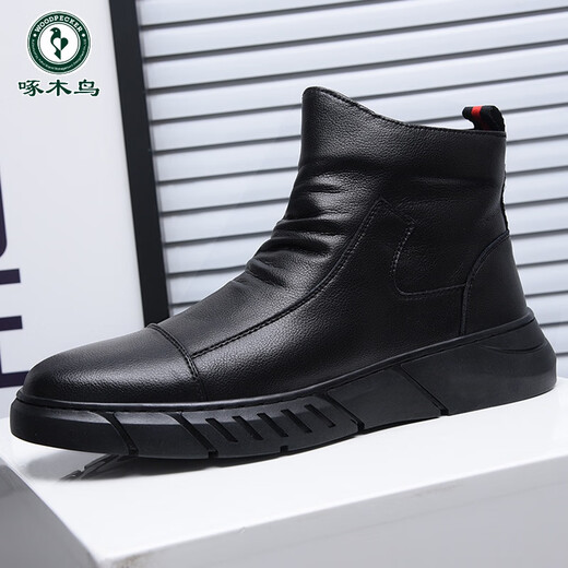 Woodpecker leather shoes men's 2025 new soft sole soft leather Martin boots men's casual men's trendy leather boots genuine leather high top men's shoes black four seasons 41