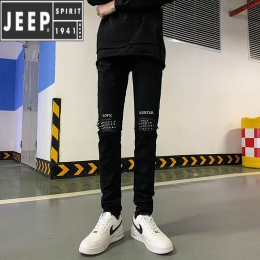Jeep Spirit Jeep Jeep Herren neue High Street Trend Marke High-End-Herrenhosen Patch Herrenhosen Schwarze Schlanke Füße Hosen Schwarz G833 Modell 32