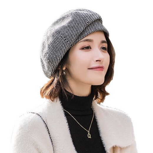 Shenggeer beret women's autumn and winter Korean version versatile houndstooth British retro painter hat Internet celebrity hat women's fashion dark coffee one size