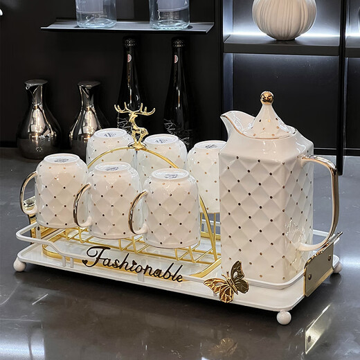 Xibaisheng high-end ceramic water cup set family hospitality cup teapot teacup housewarming wedding gift tea set light luxury water set 9-piece set 681 gift box packaging