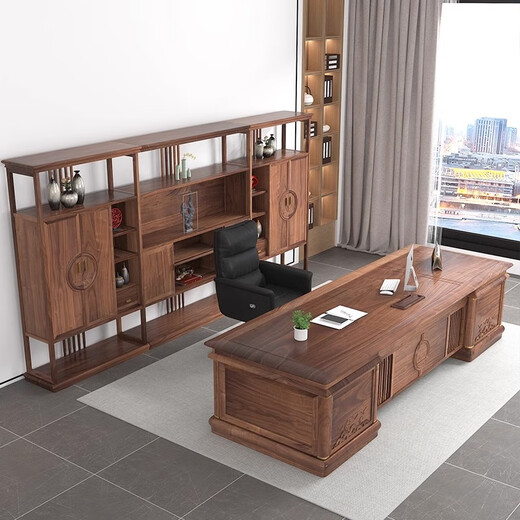 Kong Qiu Mingge New Chinese Style Solid Wood Executive Desk Boss Desk Bookcase Combination President Chairman Office Ash Wood High-end Furniture 1.8 Meter Boss Desk + Boss Chair