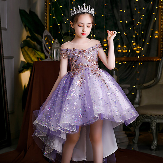 Little Kayi Nong Girl Host Evening Dress Princess Dress Children's Show Piano Performance Clothes High-end Flower Children Wedding Dress Summer Purple Short 1591 Sleeveless 120