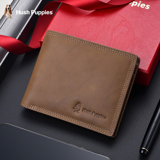 暇步士（Hush Puppies）钱包男士真皮短款时尚复古商务休闲多卡位钱夹软牛皮卡包礼盒票夹 咖色:HC-1471757W-506