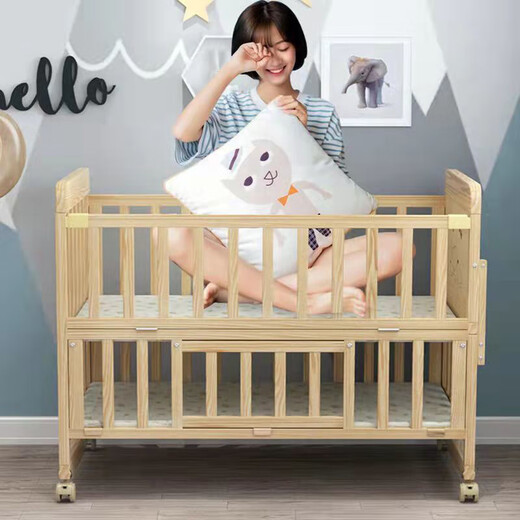 Multifunctional solid wood crib without paint cradle bed environmentally friendly children's bed baby bed movable bb bed splicing large bed adjustable double-layer large bed + mosquito net