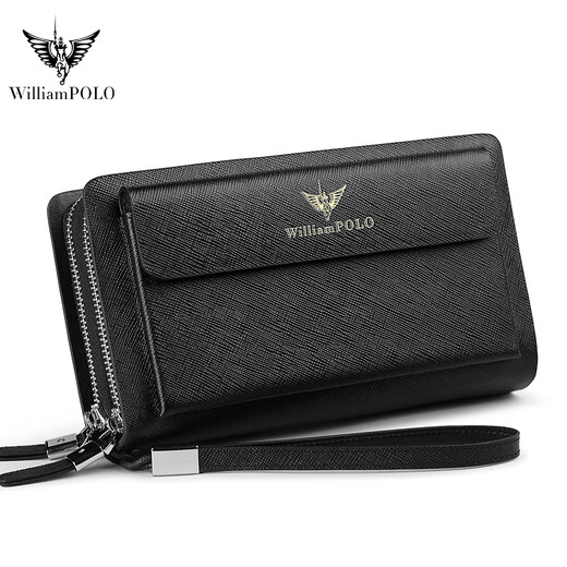 WILLIAMPOLO英皇保罗手包男牛皮双拉链手拿包大容量男士钱包父亲节礼物送爸爸 黑色