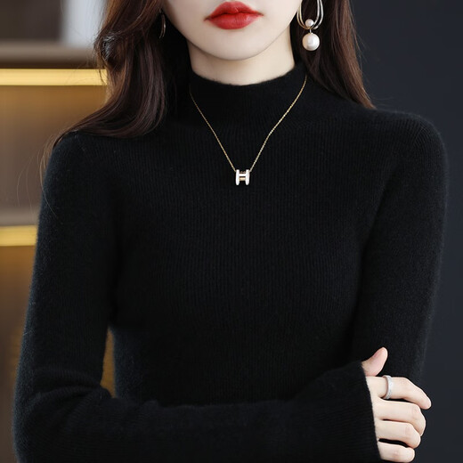 Yimanfu Knitted Sweater Women's Autumn and Winter New Half-Turtle Collar Slim Fit Bottoming Sweater Women's Versatile Tops Black One Size - Recommended 85-135 Jin Jin equals 0.5 kg