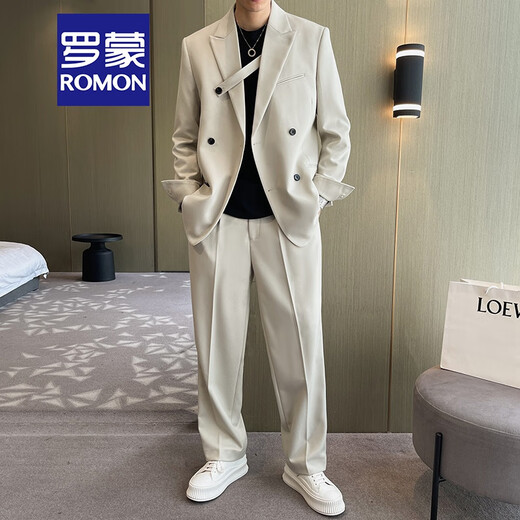 ROMON Light Luxury Commuting Internet Celebrity Suit Suit Men's Light Mature Style Loose Chest Strap Design Double-breasted Casual Suit Two-piece Set Apricot Single Suit XL