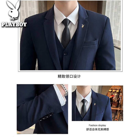 花花公子【高档】西装男套装男士修身商务休闲正装西服男伴郎新郎礼服外套 黑色双扣套装+马甲+衬衫+大礼包 2XL