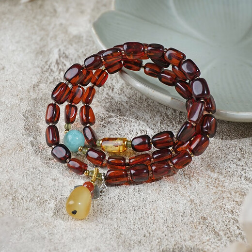 Potala Palace Blood Amber Bracelet Amber Southern Red Pixiu Carved Hetian Jade Transfer Bead Beeswax Bracelet Women's Birthday Gift Blood Amber Amazonite Multi-circle Bracelet