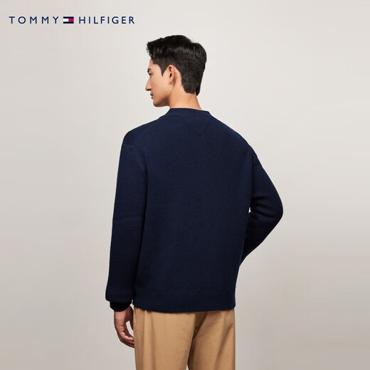 TOMMY HILFIGER【纯羊毛】秋冬男纽扣V领慵懒风宽松针织羊毛开衫外套36553 藏青色DW5 S （推荐：120-135斤）