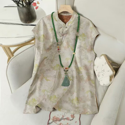
New Chinese style retro jacquard cheongsam collar top for women in summer 2025 new light luxury temperament button top 9896-2 L 115-125Jin [Jin equals 0.5 kg]