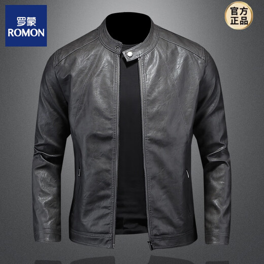 ROMON Venom European and American simple stand-up collar simulated leather jacket men's motorcycle handsome spring and autumn style overcome youth slim leather jacket gray XL one size larger
