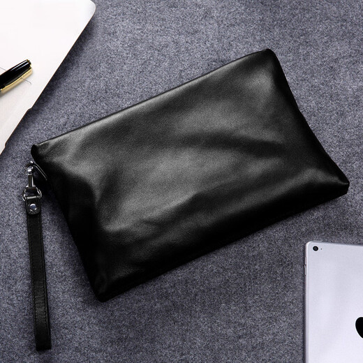 South Young Herren Handtasche echte Leder -Herrenbeutel große Kapazität Kupplung Handtasche Doppel Clip -Tasche Business Casual Mode Umschlagbeutel Schwarz klein