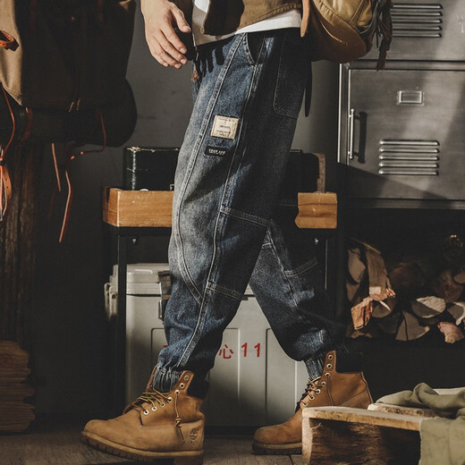 
Post-exploration American Harem jeans men's loose 2023 autumn and winter casual pants men's trendy splicing tying pants men's black regular style 4XL (200-220Jin [Jin equals 0.5 kg])