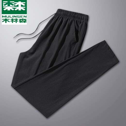 Mulinsen sweatpants men's summer thin loose straight casual pants men's autumn and winter plus velvet thickened warm trousers loose plus size youth outdoor running wardrobe pants men 719 black tying feet (regular) L