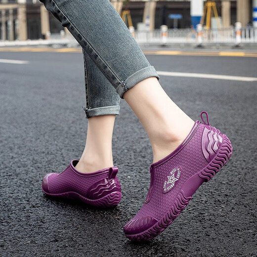 Fashionable Japanese rain boots for women wearing short tube rain boots for outdoor work waterproof and non-slip shoes rubber shoes flat sole pullover shoes purple 37
