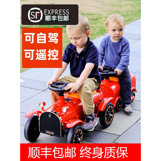 Jingga Kinderzug kann Elektroauto mit Allrad-Fernbedienungstherrich und Mädchen Doppel Baby Erwachsener Spielzeug Baby Kinderwagen 12V Dual-Wheel-Antrieb weiße Lokomotive + 2 Wagen + Musik Dual-Drive
