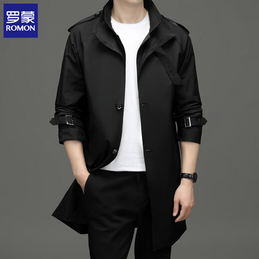 ROMON windbreaker men's business casual mid-length coat fashion coat slim top D-2022 black 2XL