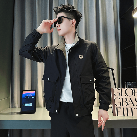 Jacket Men's Spring and Autumn New Casual Fashion Short Stand Collar Jacket Retro Workwear Trendy Brand Tops Black L