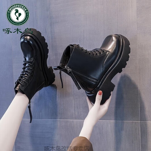 Woodpecker British style thick-soled Martin boots for women in spring and autumn 2024 new style of inner height-enhancing Chelsea short boots designer women's shoes black 39