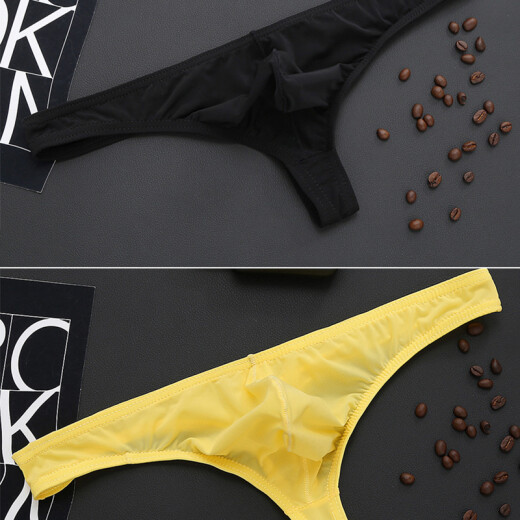 2 pairs of men's underwear ice silk ice silk one piece seamless large size thong transparent sexy invisible t trendy men's tight low waist small triangle underwear narrow edge sexy category library men j black + yellow L (2 feet 2-2 feet 3)