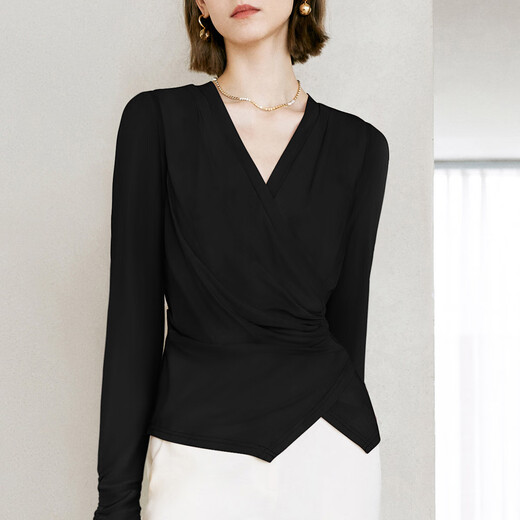 Yanyu Black Slim Shirt Women's 2025 Autumn Versatile V-neck Long Sleeve Top Waist Shirt Black M/38