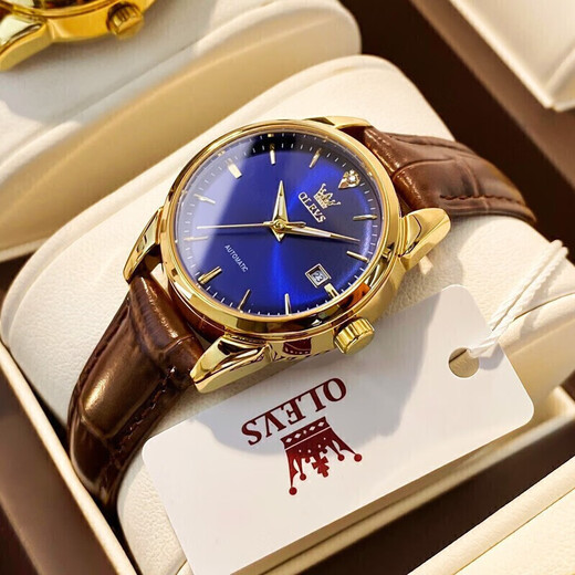 Le couple Olevs regarde un couple entièrement automatique sur la montre mécanique entièrement automatique Gift multifonctionnel étanche pour petit ami et petite amie 3601 + 6629 [cadeau de luxe bleu en cuir marron]