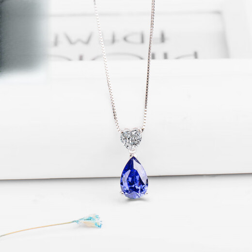 DL 1998 Fat Donglai same style tanzanite necklace sapphire 925 silver heart-shaped water drop gemstone lock 925 silver platinum plated pendant + 925 silver necklace