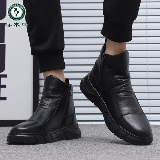 Woodpecker leather shoes men's 2025 new soft sole soft leather Martin boots men's casual men's trendy leather boots genuine leather high top men's shoes black four seasons 41