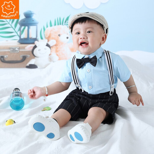 coolelves boys' suit summer short-sleeved thin baby clothes catch week clothes pure cotton children's 1 year old gentleman dress 2 children's overalls 3 blue 4-piece set (clothes, pants, bow tie suspenders) 110
