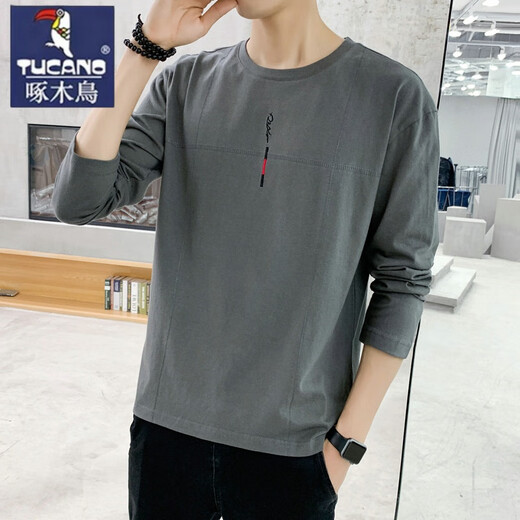 Specht (Tucano) Langarmed T-Shirt Herren Spring und Herbst Dünnes Baumwollbasis-Hemd Frühling und Herbst Plus Größe Herrenhemd außerhalb Herbst Kleidung 692 Aprikosenfarbe 5xl