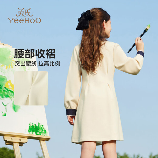 YEEHOO girls' dress children's princess dress medium to large children's dress college style casual fashion spring dress off-white 160