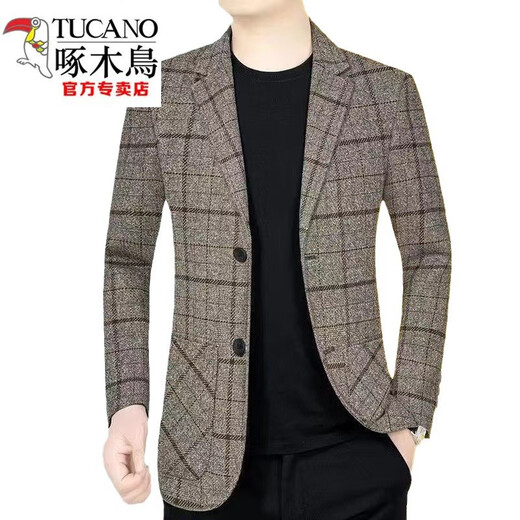 Woodpecker (TUCANO) new autumn and winter casual suit jacket for men, spring and autumn style, middle-aged men's plaid suit, Korean version trendy, khaki, velvet, thickened 3XL recommended 145-160Jin Jin equals 0.5 kg