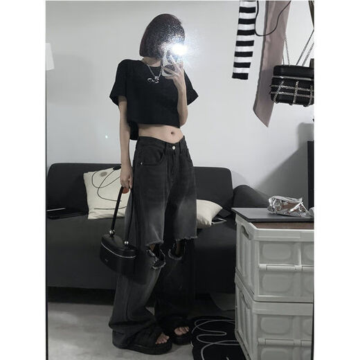 Simple direction American retro design ripped jeans summer handsome street gender-free versatile wide-leg trousers men and women ins 9930 black + belt one size s