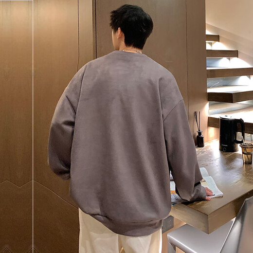 Dingfengbaoluo sweatshirt men's spring round neck suede long-sleeved top loose American trendy brand DFL05 dark gray L