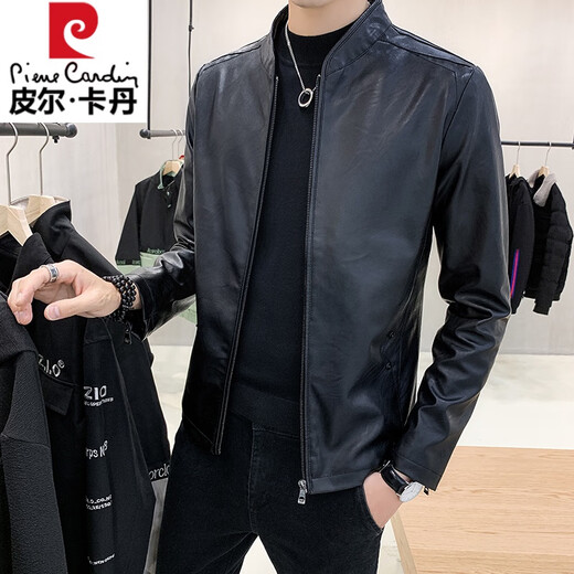Pierre cardin spring and autumn leather jacket for men's small stand collar fashion trend leather jacket zipper short motorcycle suit leather jacket black 8961 small stand collar leather jacket regular 2XL [suitable for 140-155 Jin [Jin equals 0.5 kg]]