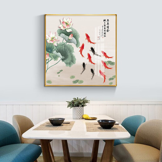Xiaolulin Chinese style Jiuyu drawing decoration painting restaurant painting study office tea room hanging painting entrance entrance cabinet living room mural 15911 surplus year after year fabric painting 40*40 black frame (gold frame requires note