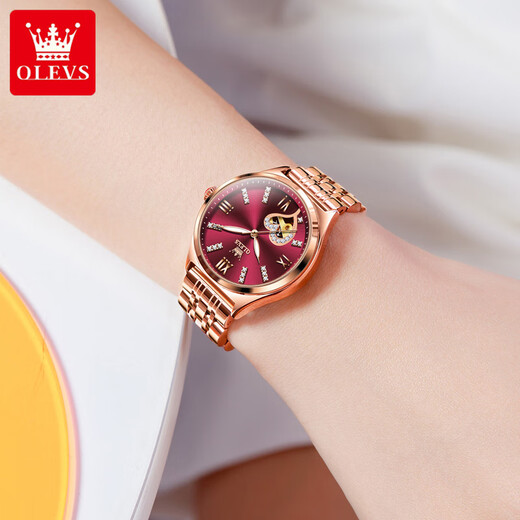 
OLEVS Swiss certified brand watch women's simple temperament women's watch hollow fully automatic mechanical watch light luxury women's watch OLEVS-6636-Red steel red face