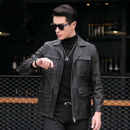 GUHELUN light luxury brand men's clothing spring and autumn new oil wax cowhide leather genuine leather jacket men's lapel workwear mid-length leather jacket Black XL (175)