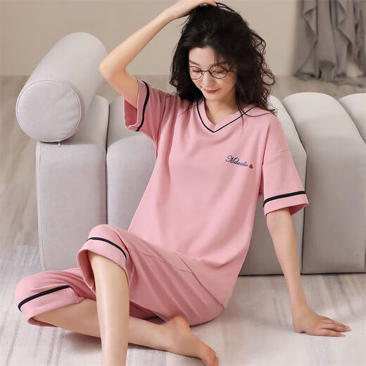 浪莎（LangSha）睡衣女夏季短袖七分裤加大宽松春夏天可外穿卡通可爱家居服套装 短袖七分裤5503_-684深紫 XL _建议115-125斤穿