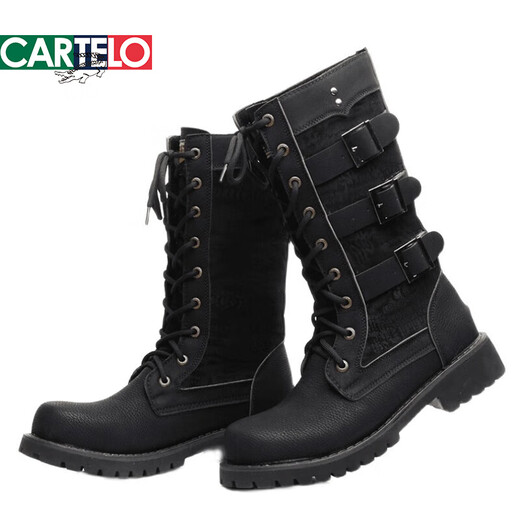 卡帝乐鳄鱼（CARTELO）高筒长靴男潮马靴复古骑士靴男士高帮靴子马丁靴英伦风牛仔靴春秋 黑色 983 44
