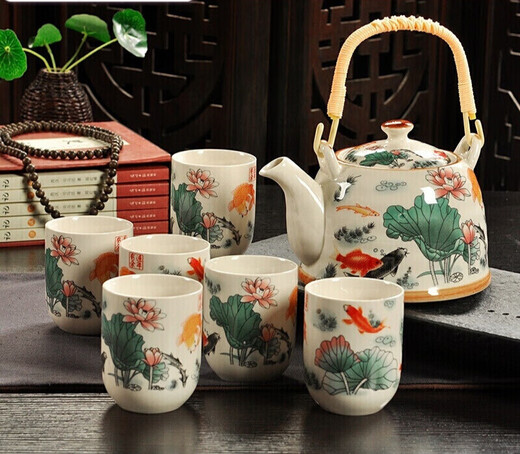 Enshousu Jingdezhen ceramic household tea set with filter porcelain teapot teacup handle tea pot tea broken Tenghua 7-piece set