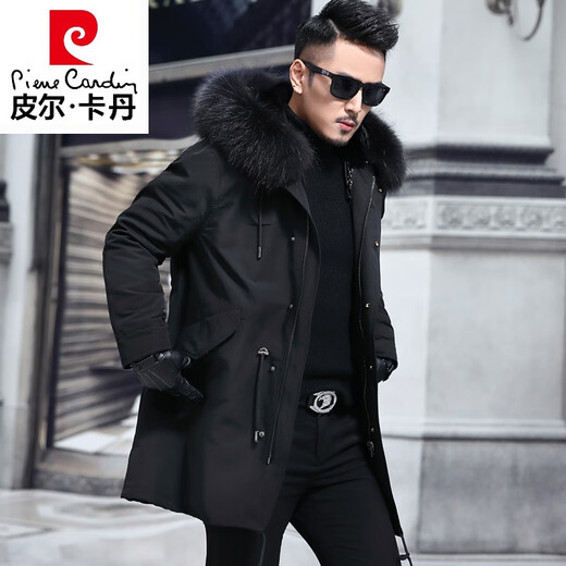 Pierre Cardin parka men's mid-length removable mink lining mink fur coat rabbit fur winter coat black (rabbit fur lining version/sleeves with cotton) L 170/ standard size