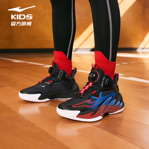 Hongxing Erke (ERKE) children's shoes, medium and large children's sneakers, children's 24 new boys' knob buckle cushioning basketball shoes, black/red red 37